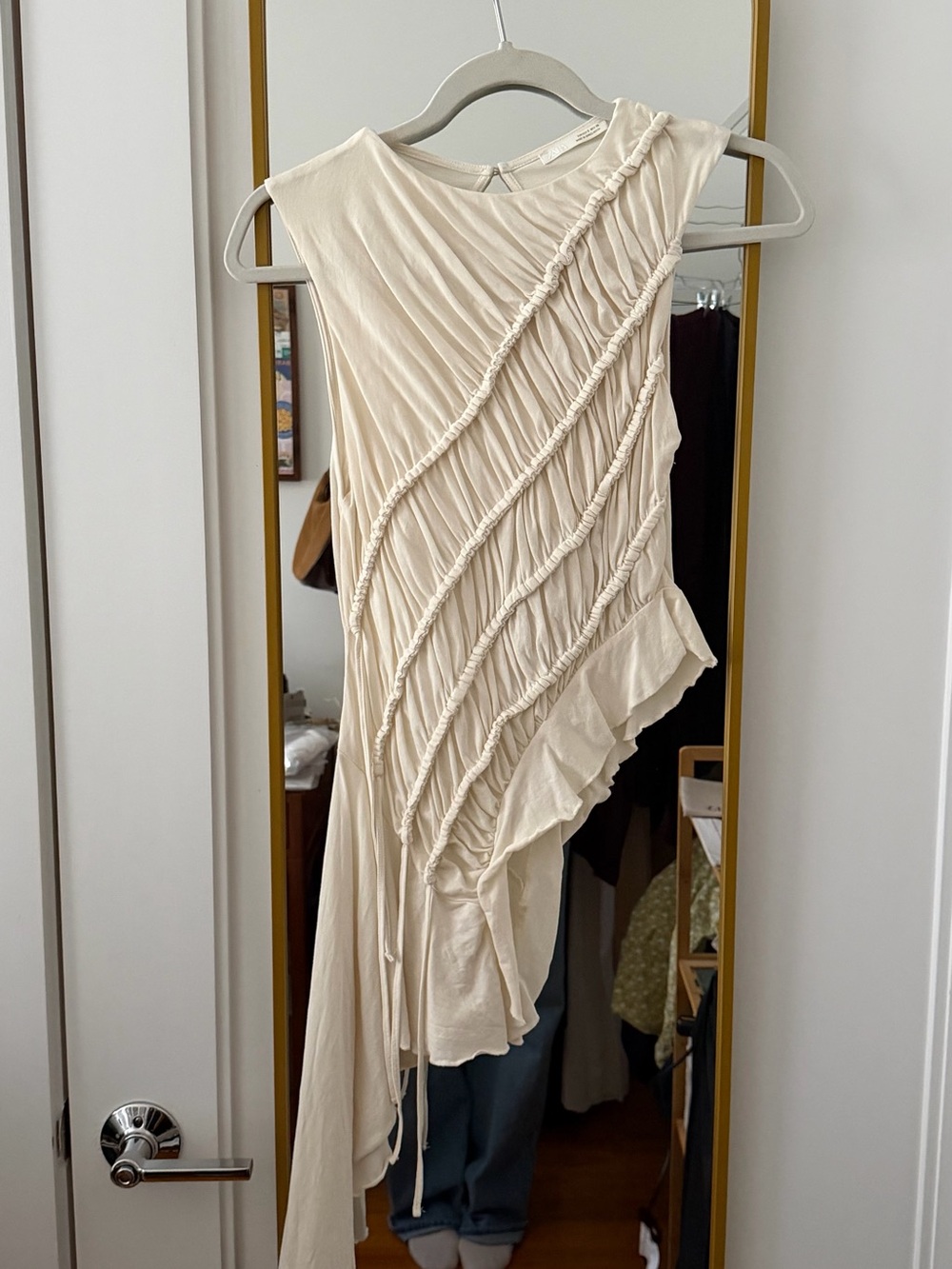 Sleeveless Cream Asymmetric Ruffle Top